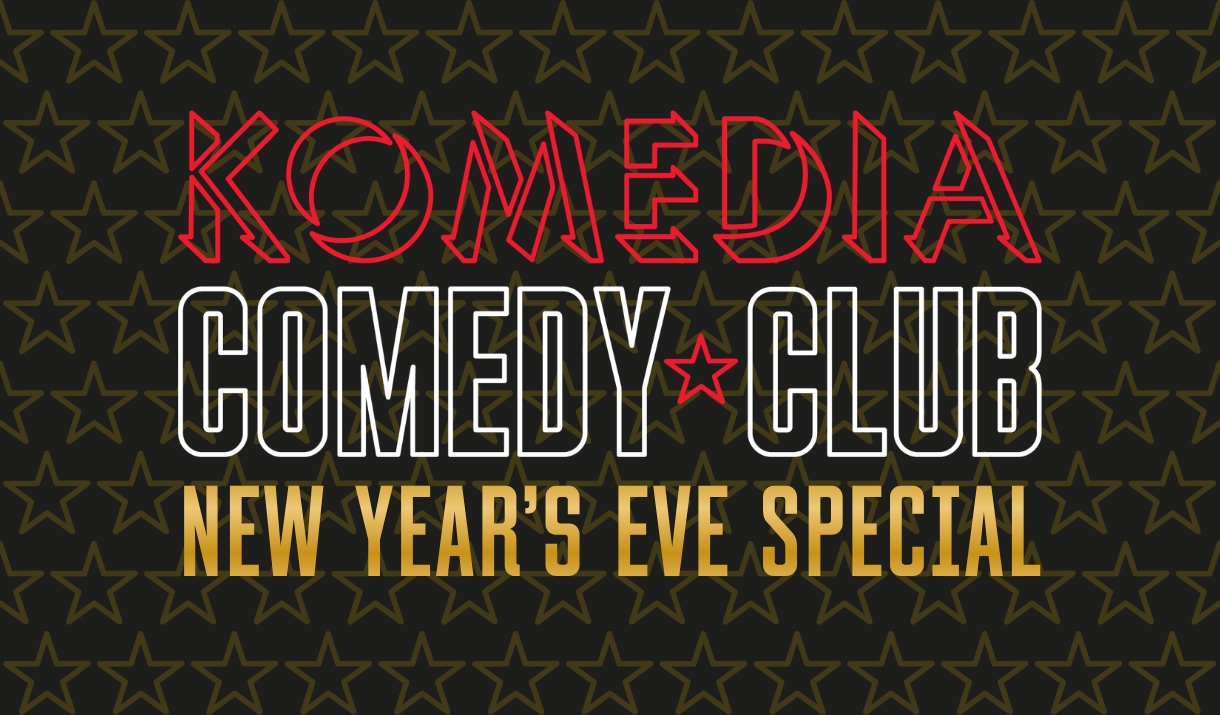 Komedia Comedy Club New Year's Eve Special logo in red, white, and gold on a black star-patterned background.