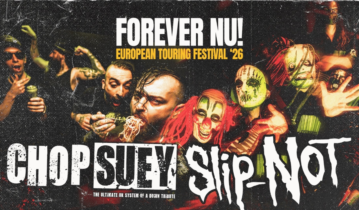 Grunge-style poster for FOREVER NU! 2026 tour featuring masked performers and Chop Suey/ Slip-Not