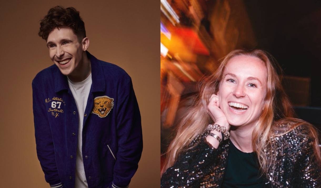 Two-photo split image: a man in a navy varsity jacket laughing on a brown background, and a woman in a sequinned jacket smiling in a warmly lit settin