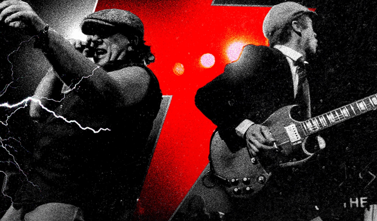 Tribute act promo image - two musicians in flat caps performing with a guitar, styled in black-and-white with a red lightning bolt graphic behind them