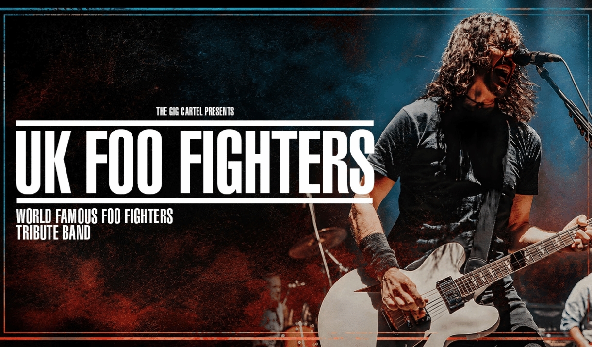 UK Foo Fighters tribute band poster showing a guitarist singing passionately on stage.