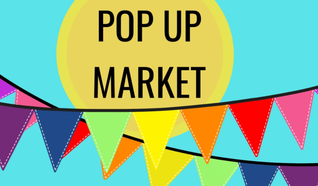 'Pop Up Market' text with colourful bunting on a turquoise background.