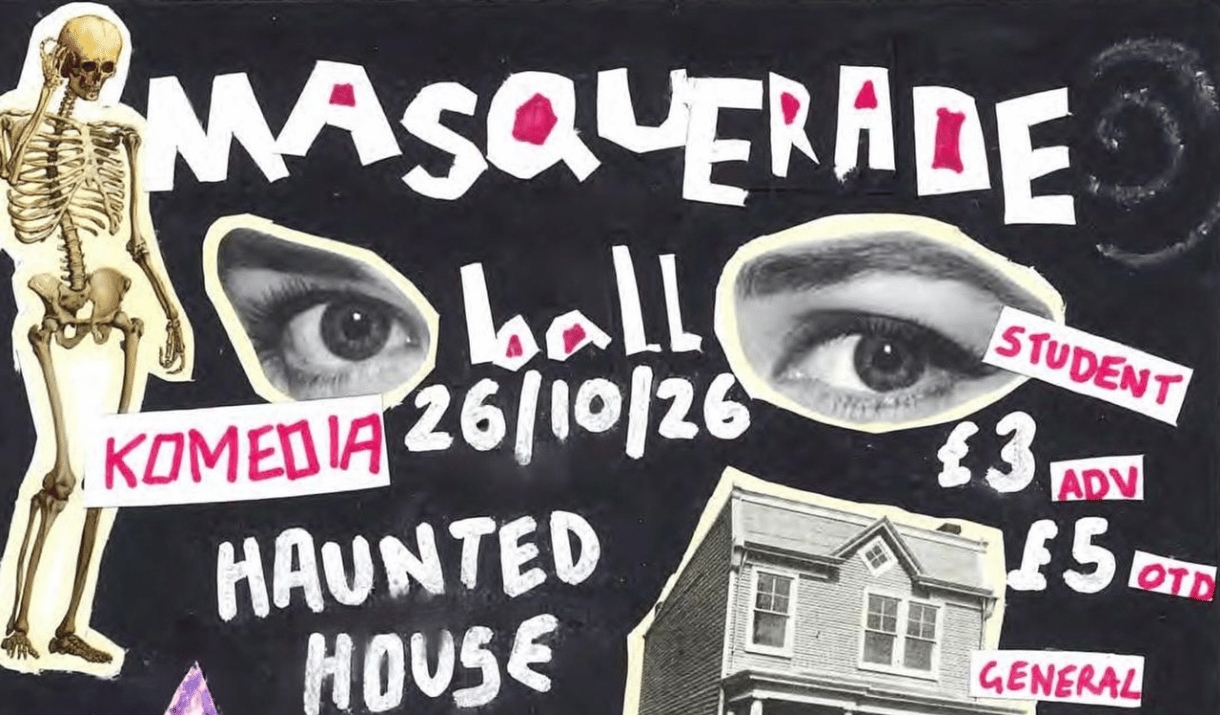 Collage-style poster for CM Socials Masquerade Ball on 26 October, with cut-out eyes, a skeleton and a house.