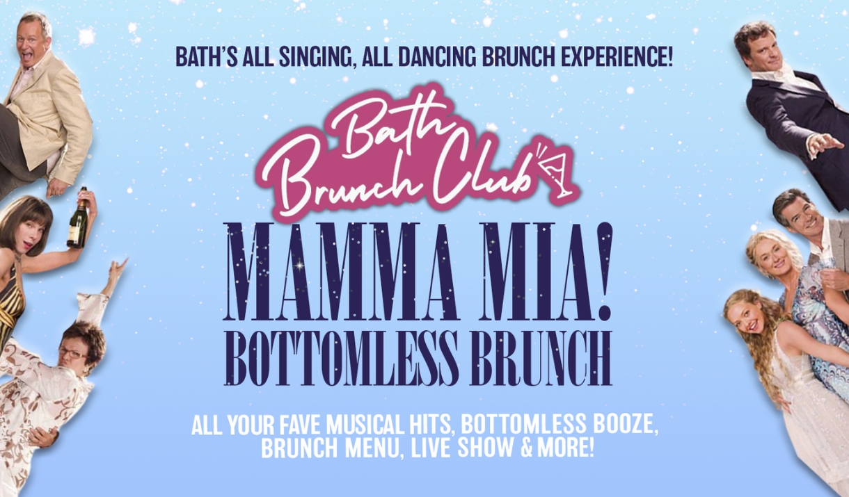 Poster for Bath Brunch Club's Mamma Mia! Bottomless Brunch, with cast images from the film framing text on a light blue background.