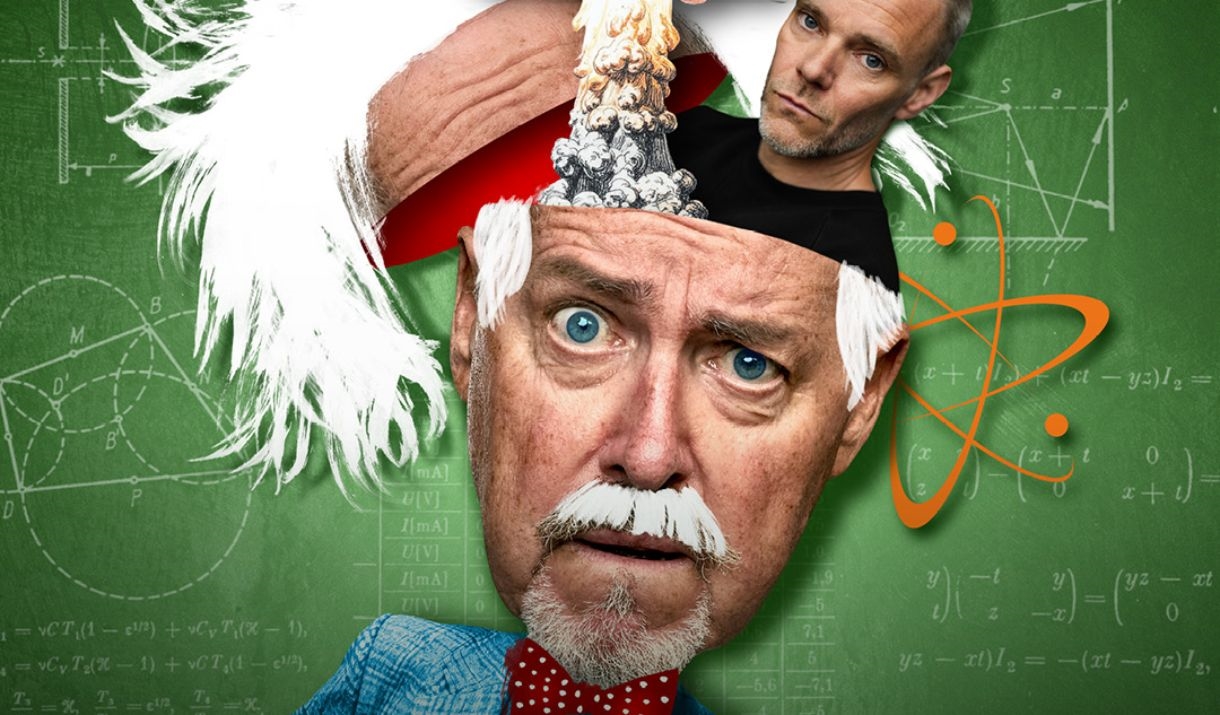A comedic image of  actor Griff Rhys Jones as Albert Einstien.