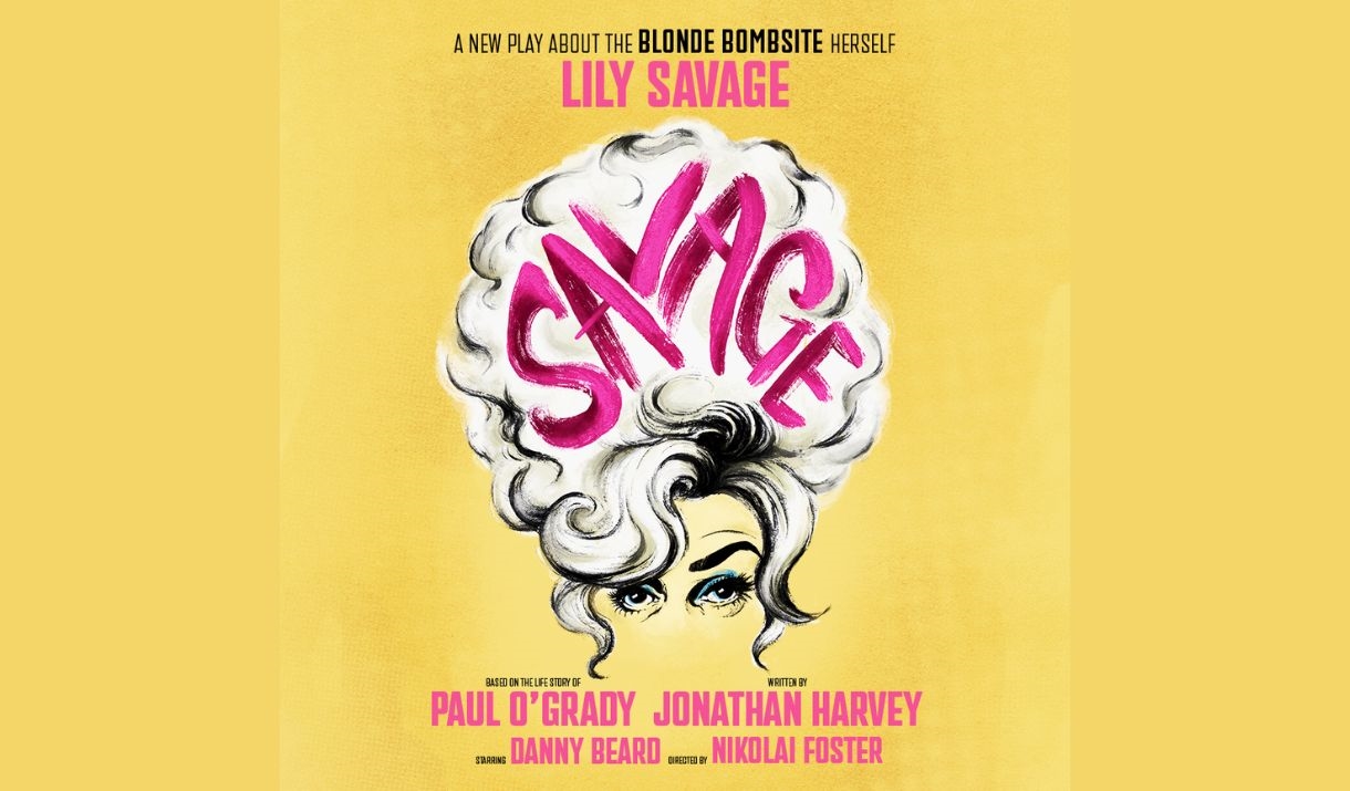 An illustration of Lily Savage, with the title of show in their hair.