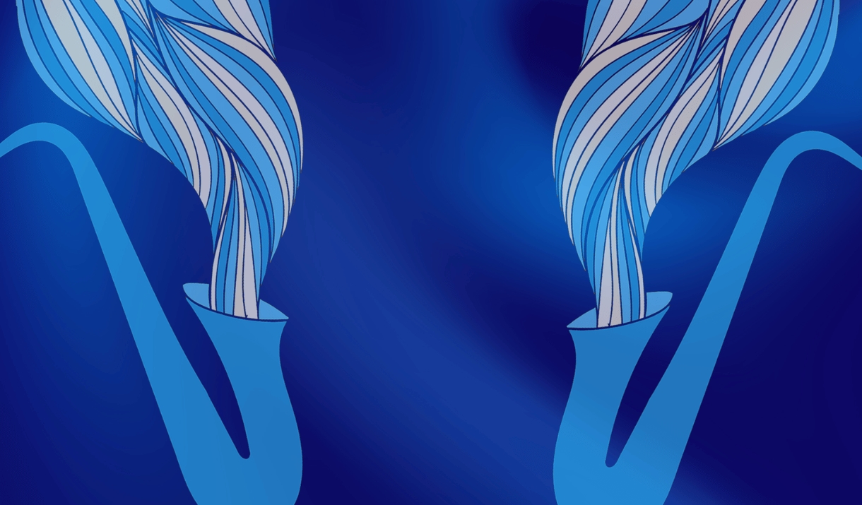Illustrated artwork of two trumpets with colours streaming out, against a blue background.