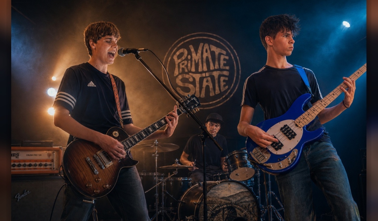 Band Primate State performing live on stage under moody lighting.