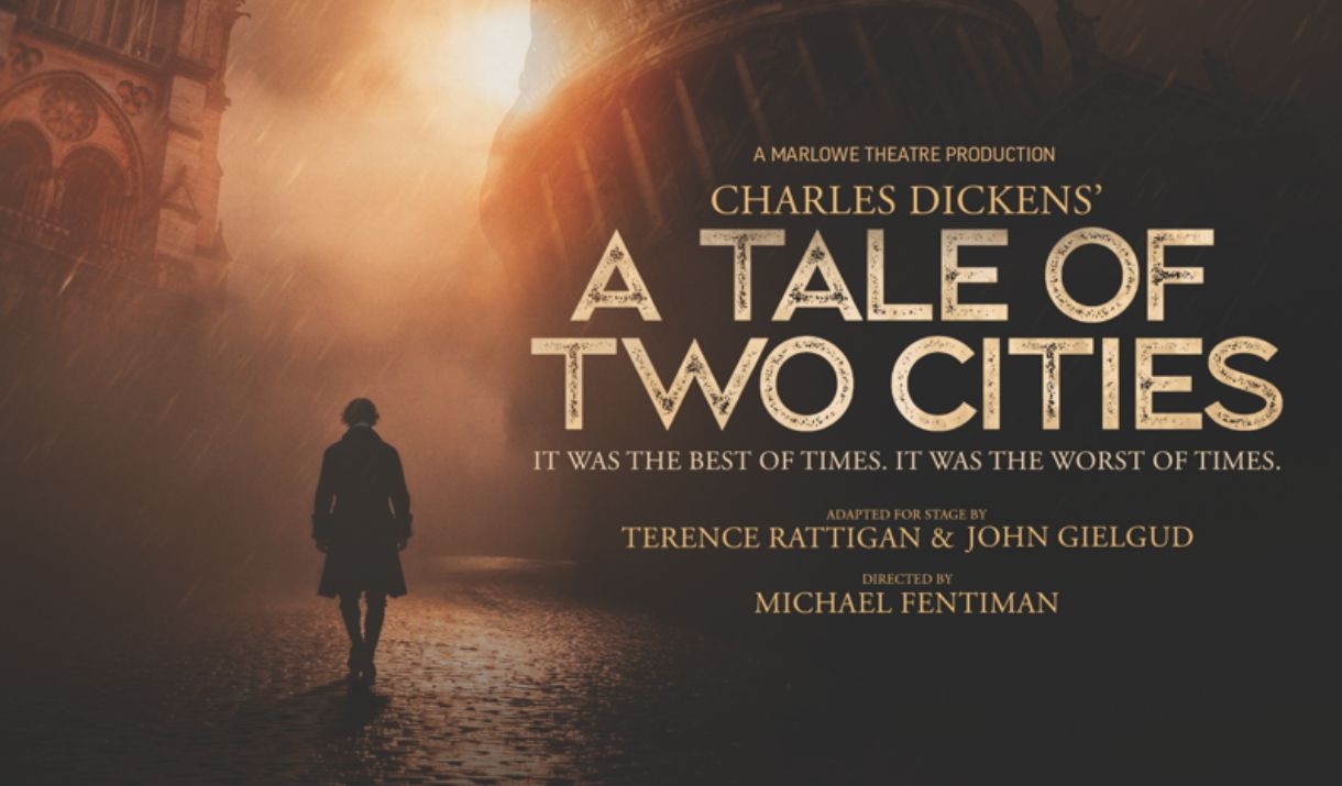 A man walks in a darkened city with London landmarks around him.