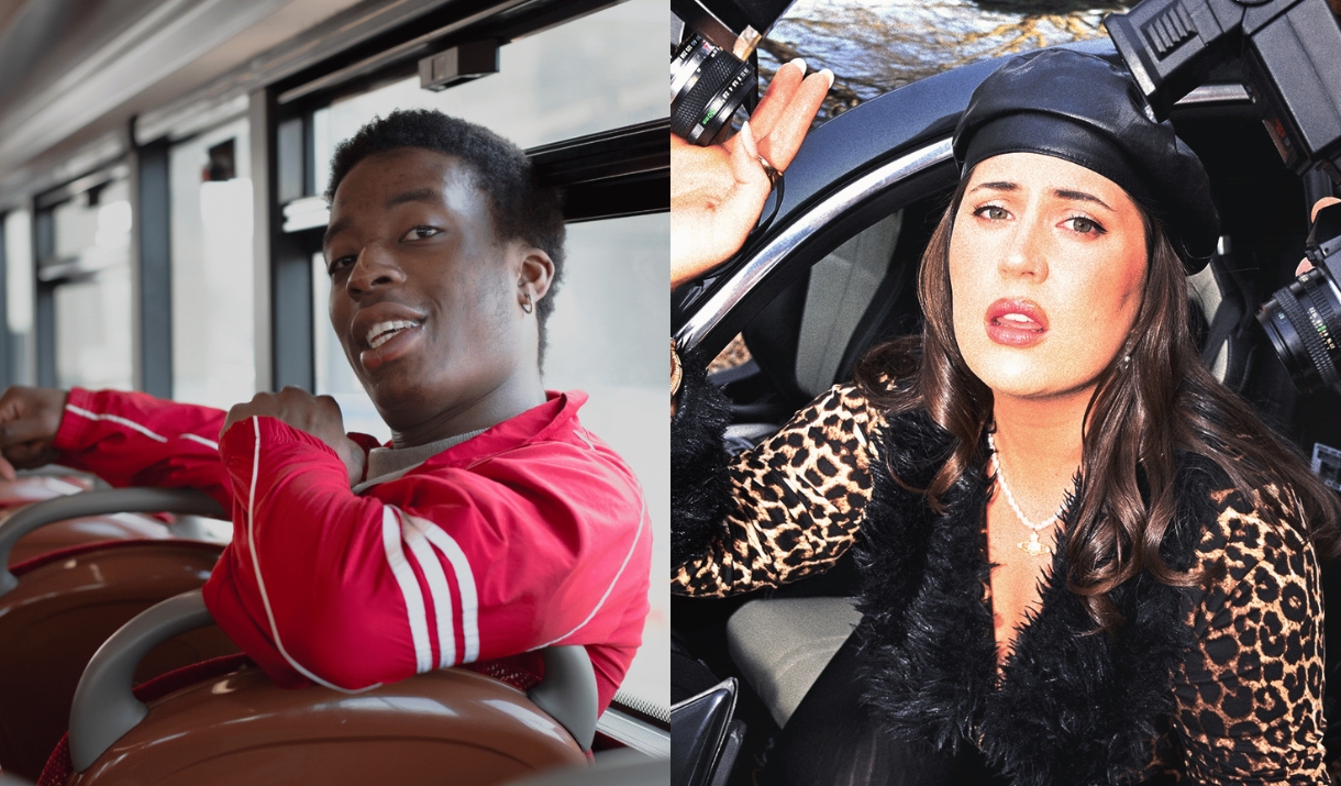 Two separate photos side by side: a young man in a red tracksuit on a bus, and a woman in a leopard-print jacket and a beret sitting in a car.