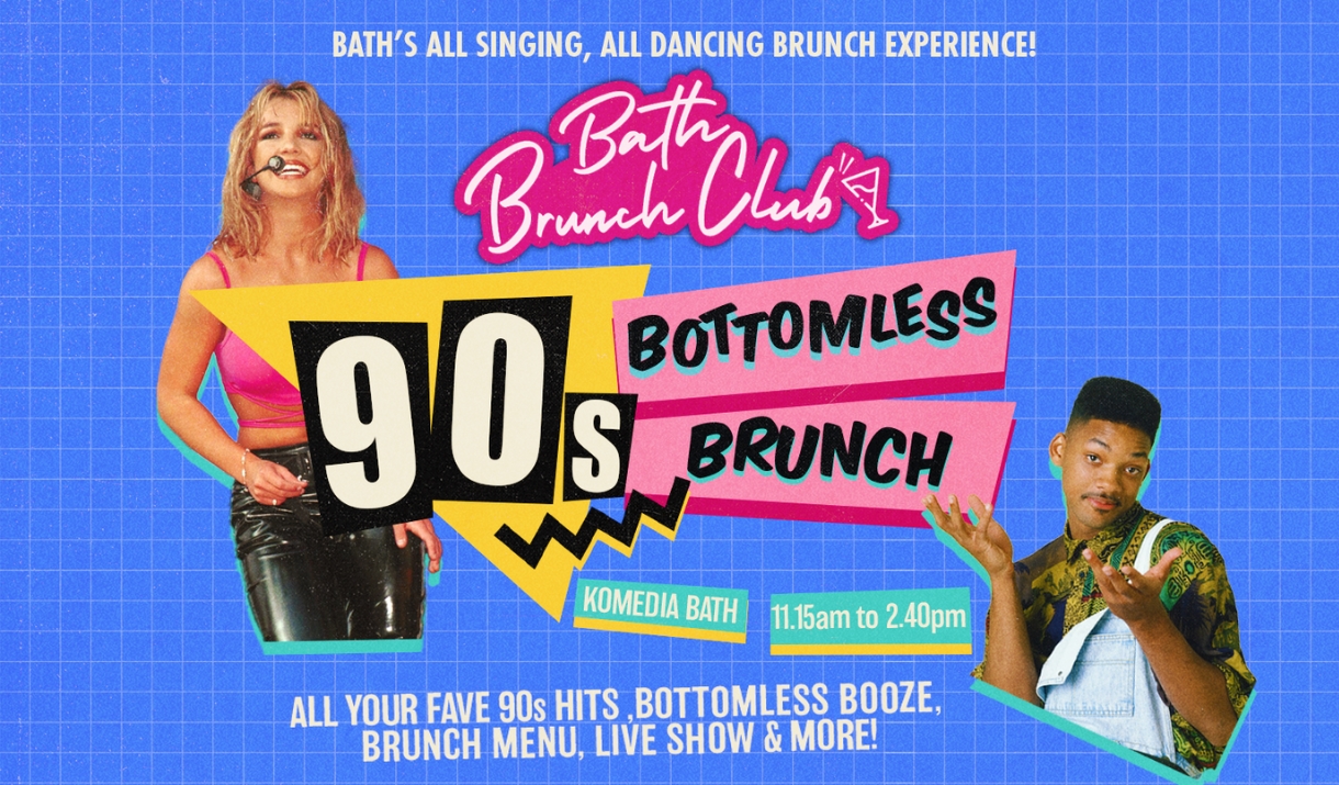Poster for Bath Brunch Club's '90s Bottomless Brunch, with two 90s-styled figures on a bright blue grid background.