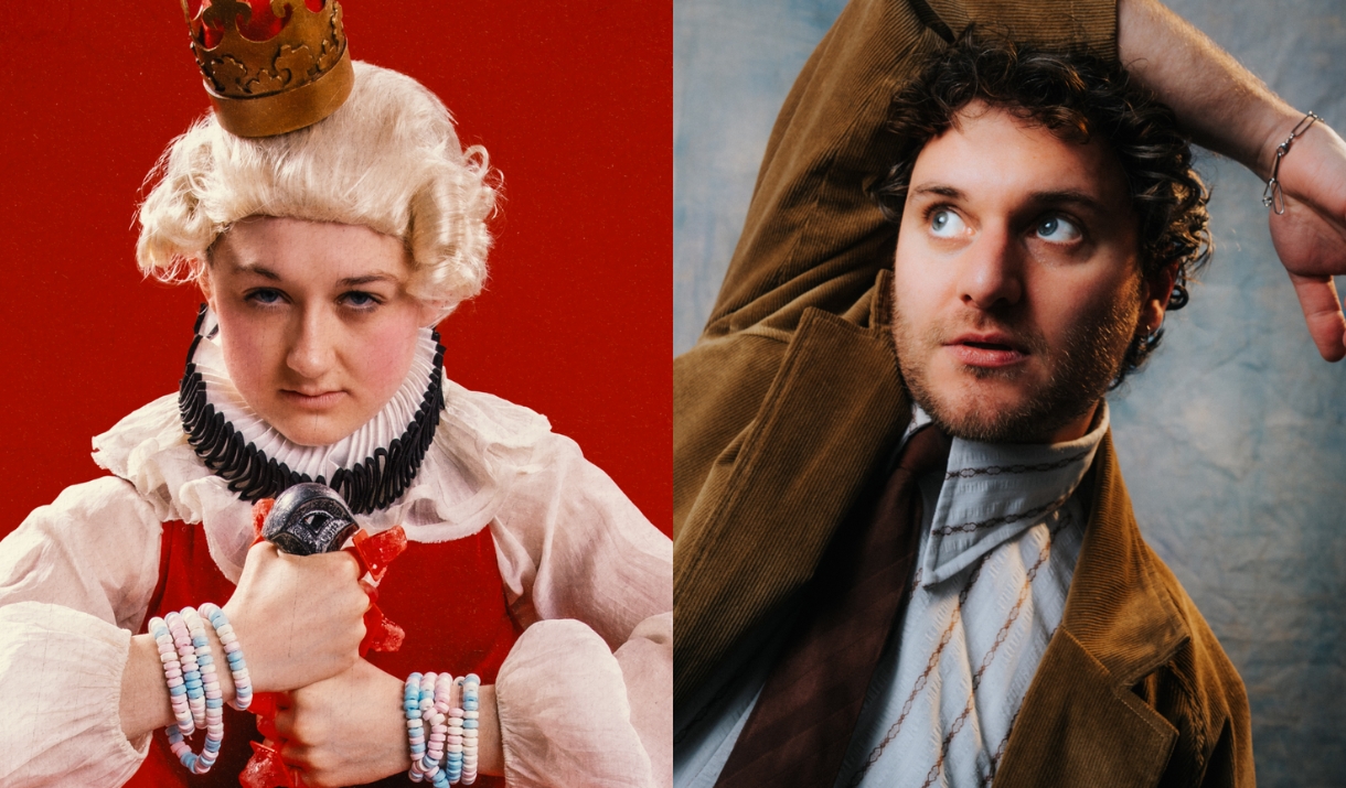 Two comedic portraits side by side: a person in a powdered wig and crown against a red background, and a curly-haired man in a corduroy jacket looking