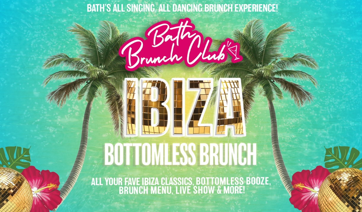 Poster for Bath Brunch Club's Ibiza Bottomless Brunch, with gold mirrorball lettering, palm trees, and hibiscus flowers on a turquoise background.