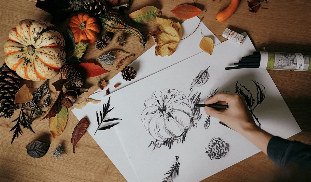 Pumpkins and leaves being sketched in charcoal - Beeb Creative Club image