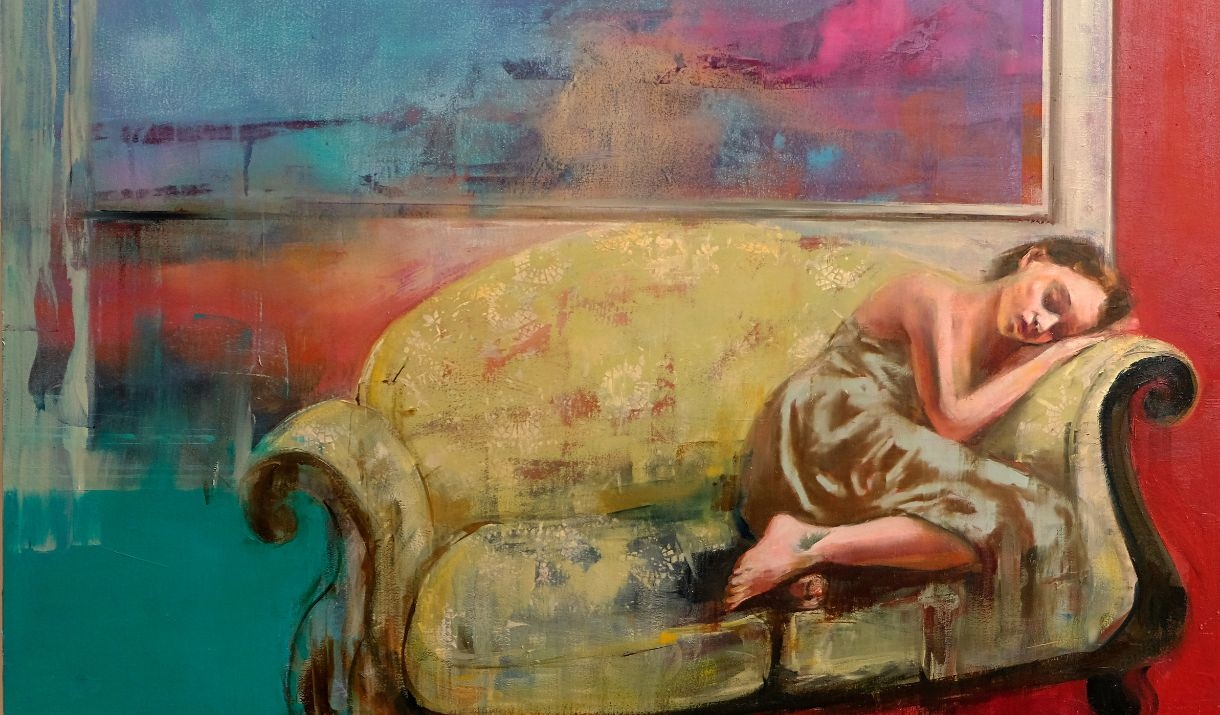 Oil painting of a girl sleeping on a sofa with a large picture behind