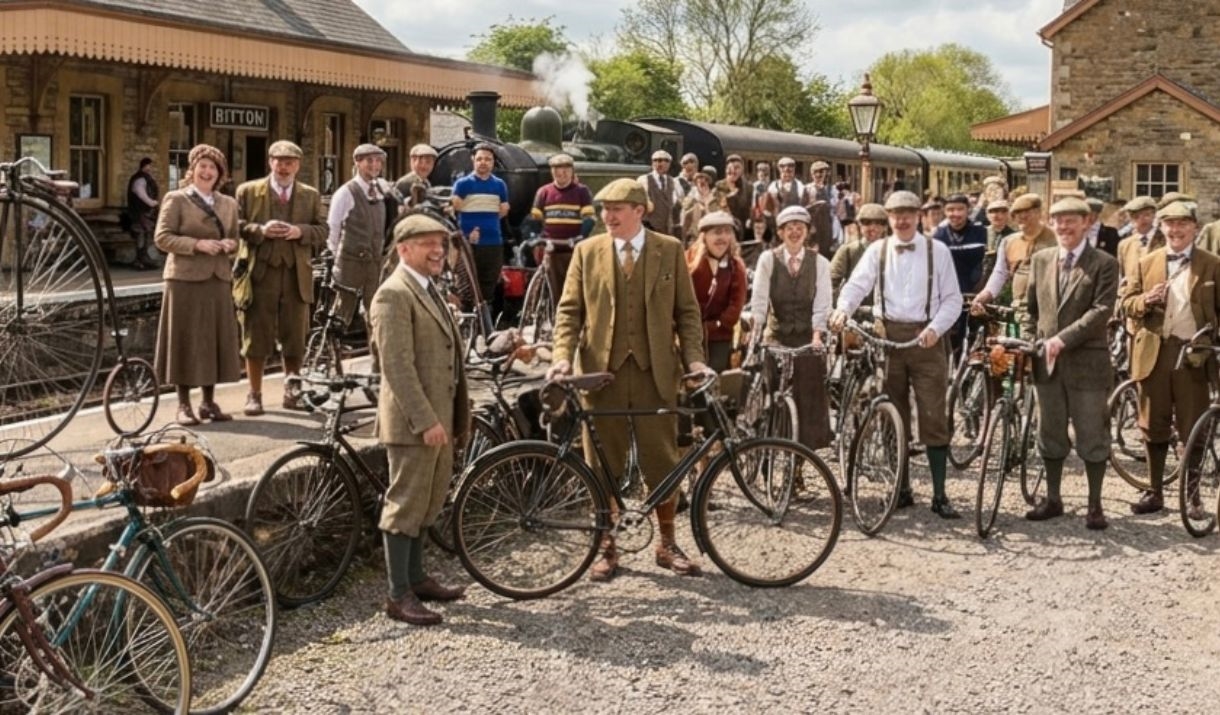 A group of vintage cyclists at a railway station