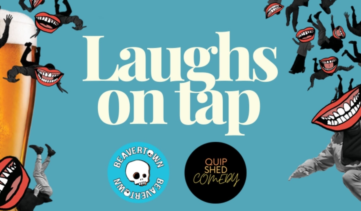 Image of text Laughs on Tap on blue background
