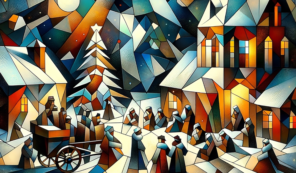 A Christmas graphic in the style of Kandinsky and Picasso of people gathering in front of  a church, with a star in the sky and a sleigh nearby