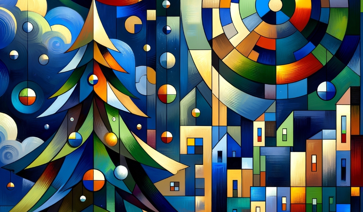 A Christmas graphic in the style of Kandinsky and Picasso showing a Christmas tree in front of a city and and a bright star