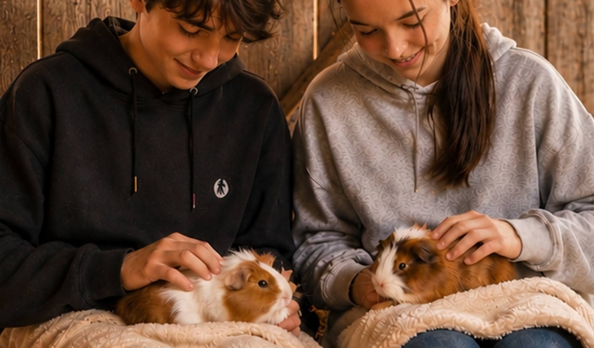 Teenagers relaxing with guinea pigs during an animal therapy session at Avon Valley's Teen Chill Out Night, designed to help young people unwind and r