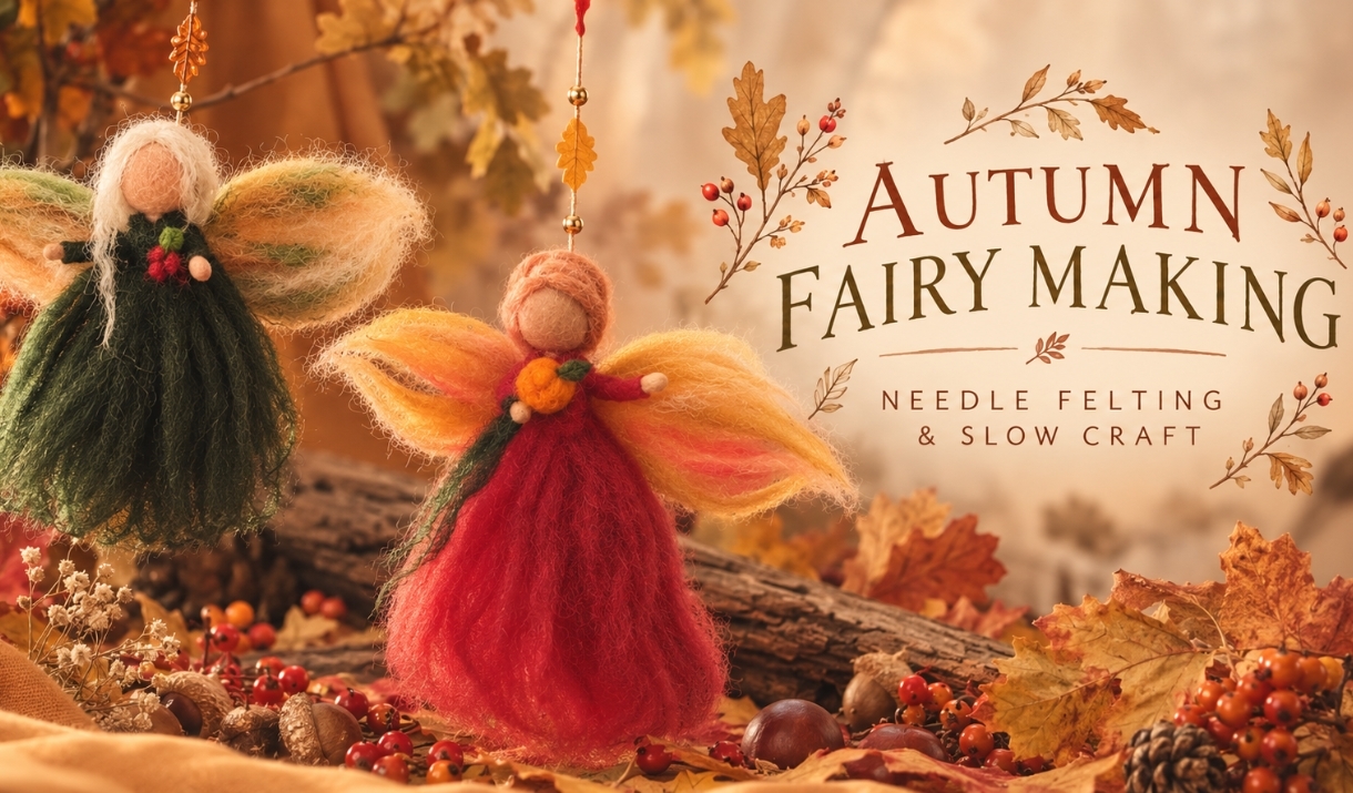 Two handmade needle-felted autumn fairies surrounded by seasonal leaves, berries and acorns, promoting an Autumn Fairy Making needle-felting and slow