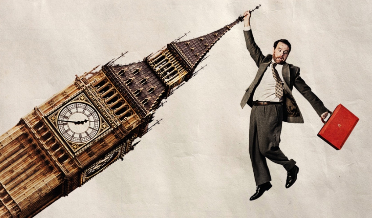 A comical image of a businessman hanging off of the Big Ben building, holding a red suitcase.