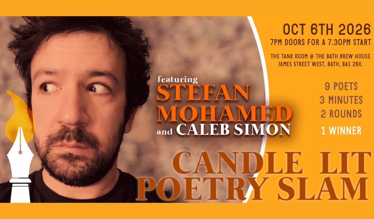 a brown and orange poster with a yellow border featuring a person looking up with wild short black hair. With text that says Candle Lit poetry slam. T