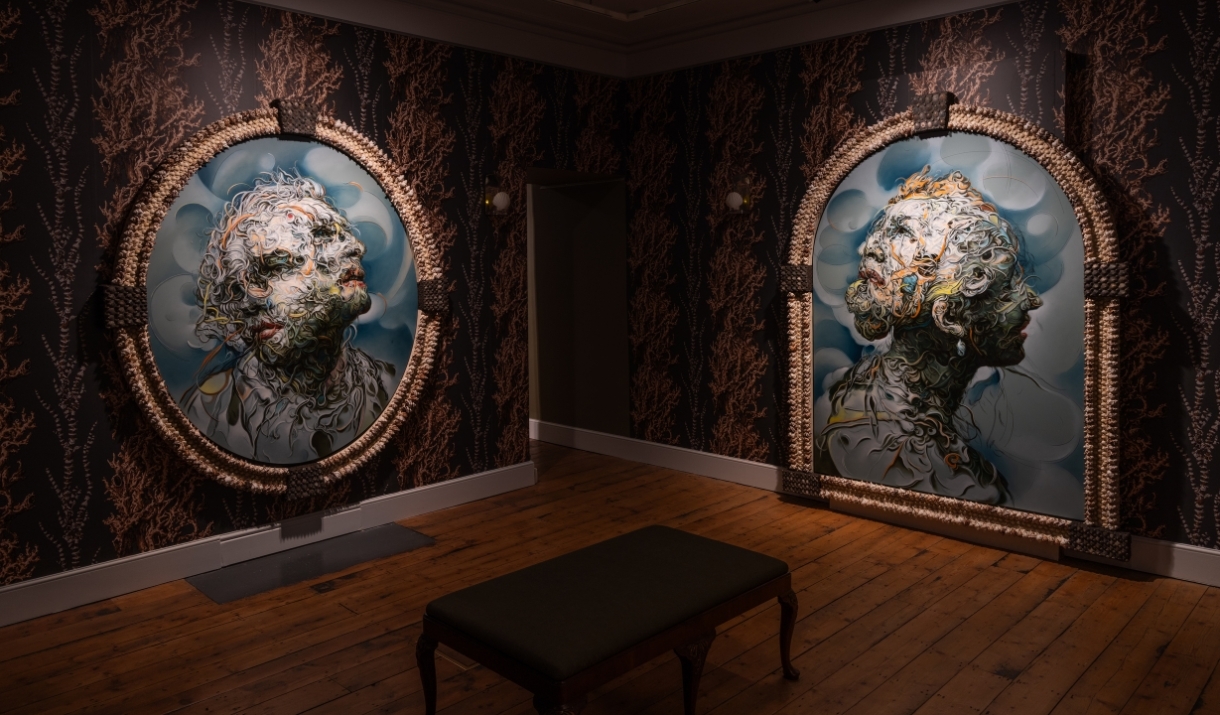 Two of artist Glenn Brown's paintings on display in the gallery at No.1 Royal Crescent, Bath.