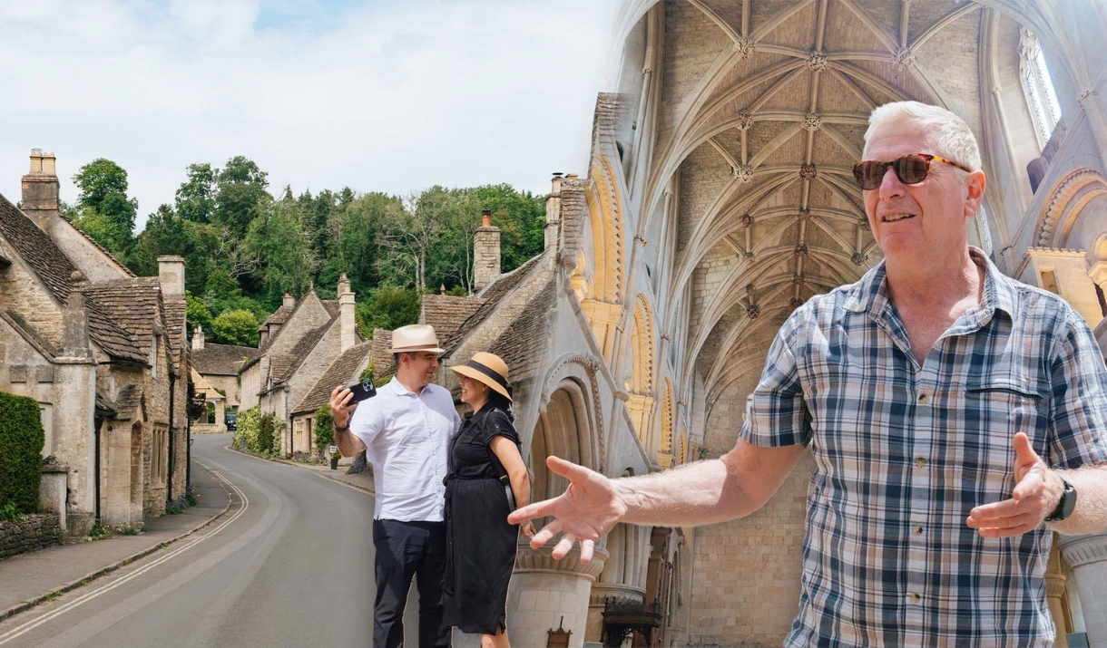 Image of people taking a photo in a village in the Cotswolds photoshopped alongside an image of a tour guide presenting to their group in an abbey or
