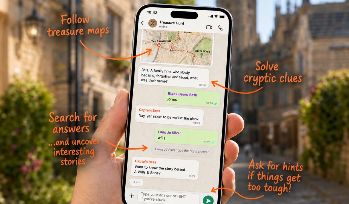 A phone displaying a series of clues and a map on a Whatsapp screen.