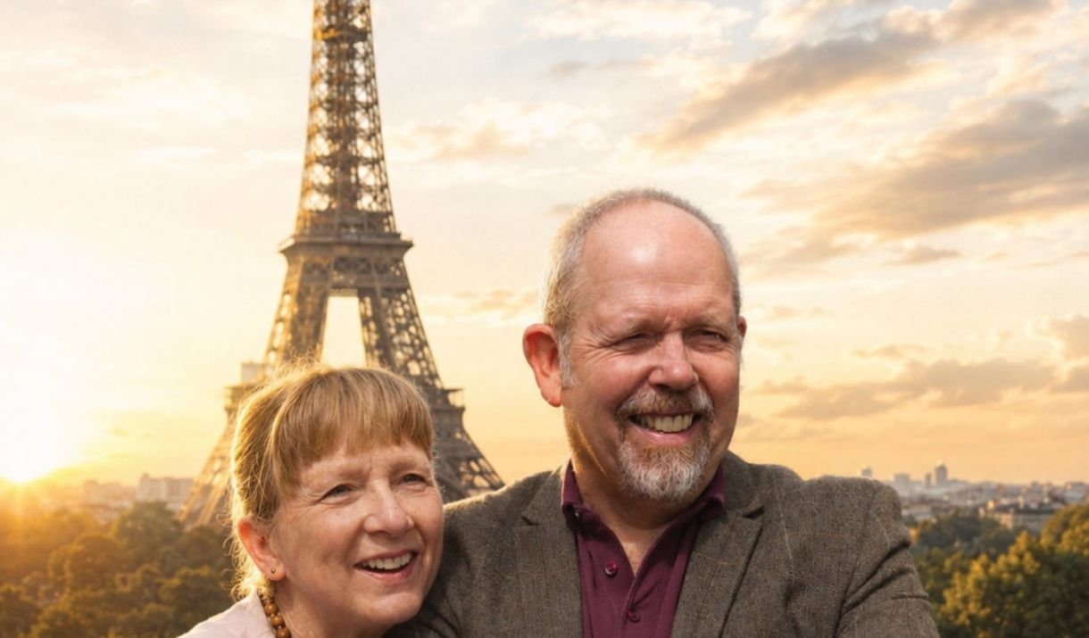 Bet and Al posing together in front of the Eiffel Tower