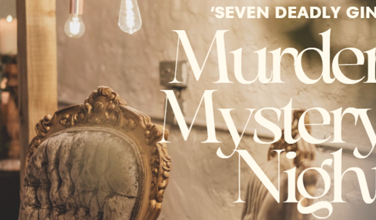 Text reading Seven Deadly Gins Murder Mystery Night on brown background