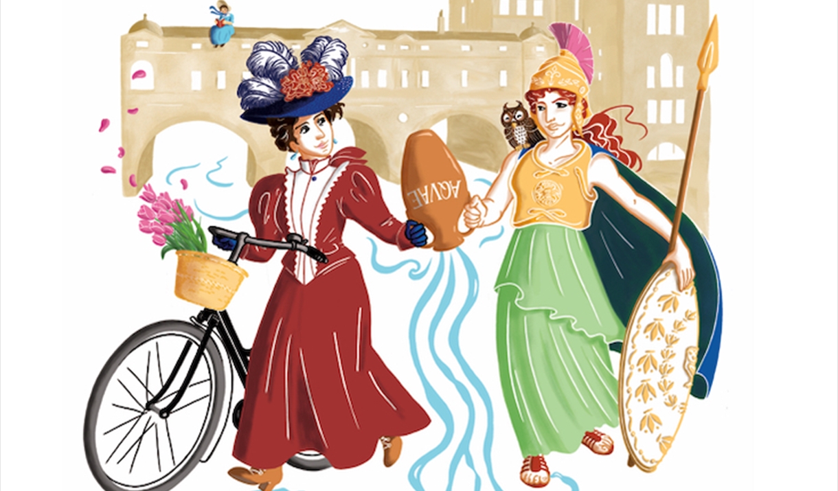 An Edwardian woman with a bicycle and a Roman woman with a vase of water in front of a Bath bridge