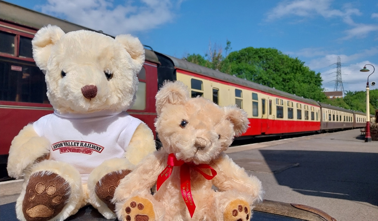 A photograph of two teddy bears sat on a suitcase in front of some heritage train carriages.