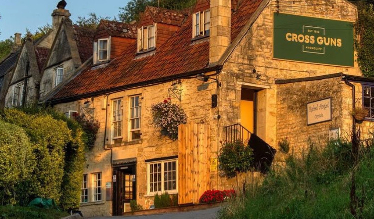 Exterior of The Cross Guns pub in Avoncliff, near Bath.
