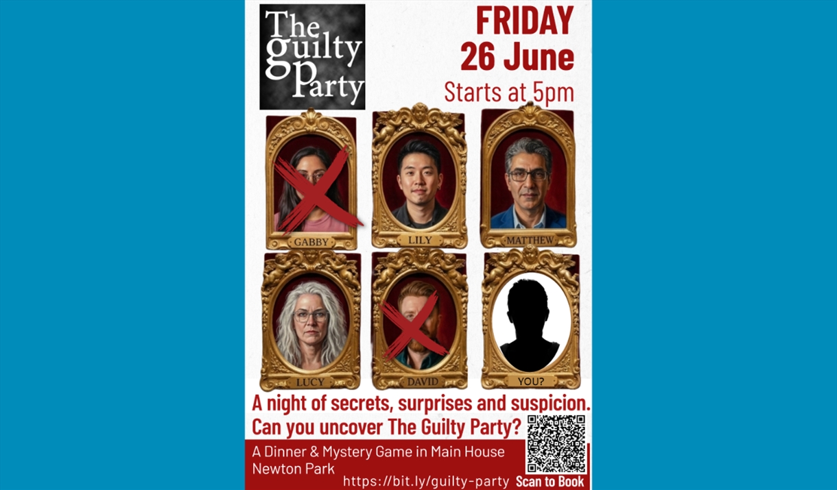 Poster for The Guilty Party, a selection of portraits, some crossed out with red paint