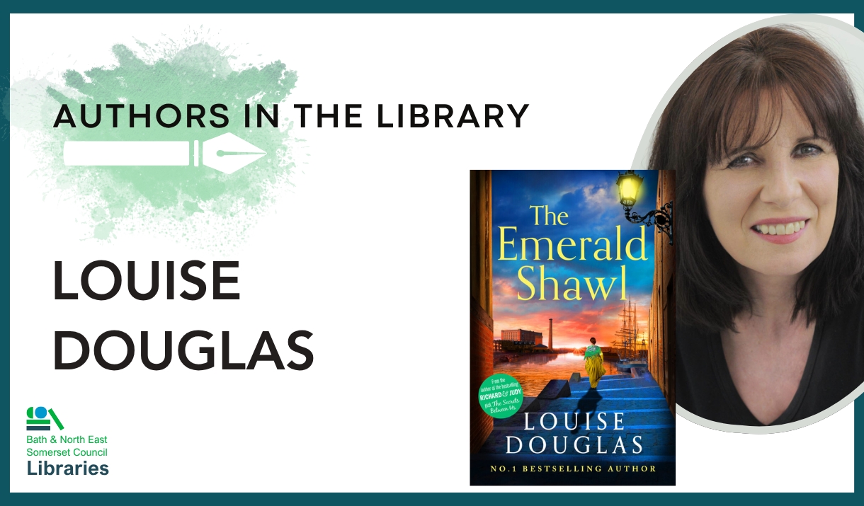 Author in the Library Louise Douglas. Image of woman and cover of book 'the emerald shawl'