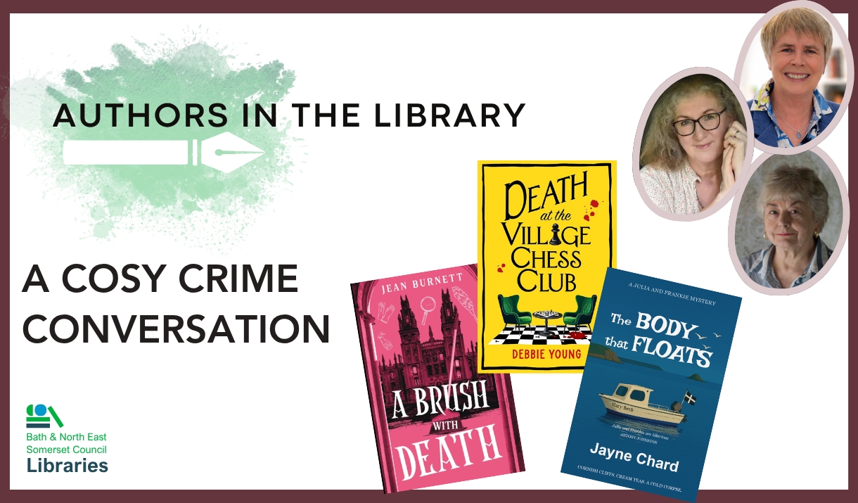 Authors in the library a cosy crime conversation. Photos of 2 female and their books.