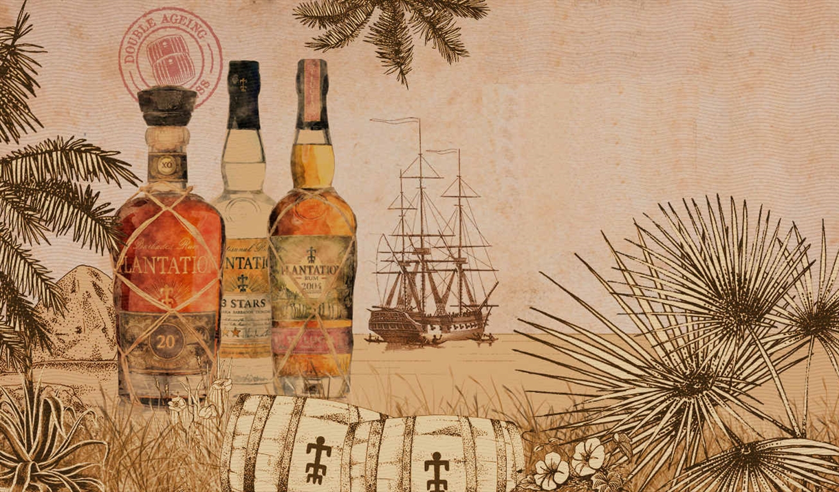 A tapesty style image of 3 bottles of rum on a tropical beach with a large sailing ship in the background.