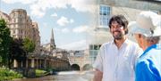 Jules talking with tourists photoshopped alongside an image of Pulteney Bridge