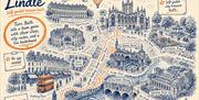 A blue fine-lined map of Bath with Lindle's logo in the top left corner.