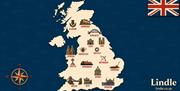 White outline of the UK on a blue background, containing icons representing the 16 cities Lindle operates in.