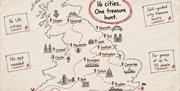 An outline of the UK displaying 16 cities. Text to the left reads "16 cities. One treasure hunt."
