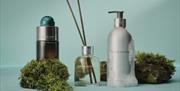 Three bottles of Molton Brown products lined up against a pale blue background, alongside two patches of moss.
