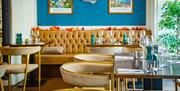 The dining area at Osteria Partenopea, with a blue feature wall, plush seating and a potted plant to the right.