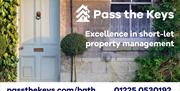 Front view of a property with a white door and plants growing up the walls. Overlay displays the "Pass The Keys" logo, slogan and contact details
