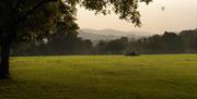 A family sitting in Bath's Royal Victoria Park at sunset, with a hot air balloon floating in the sky behind them.
