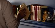 A person pulling a book off of a bookshelf. The books are aged and are held up by a brass owl book end.