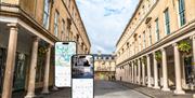 Phones displaying the tour app and a background of the city of Bath