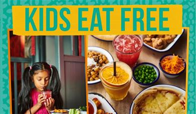 Text reading "kids eat free" above an image of a young girl eating (left) and an image of a table spread of food